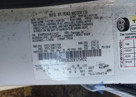 2012 Ford Fusion Sel from USA, damaged, VIN 3FAHP0JG2CR175922